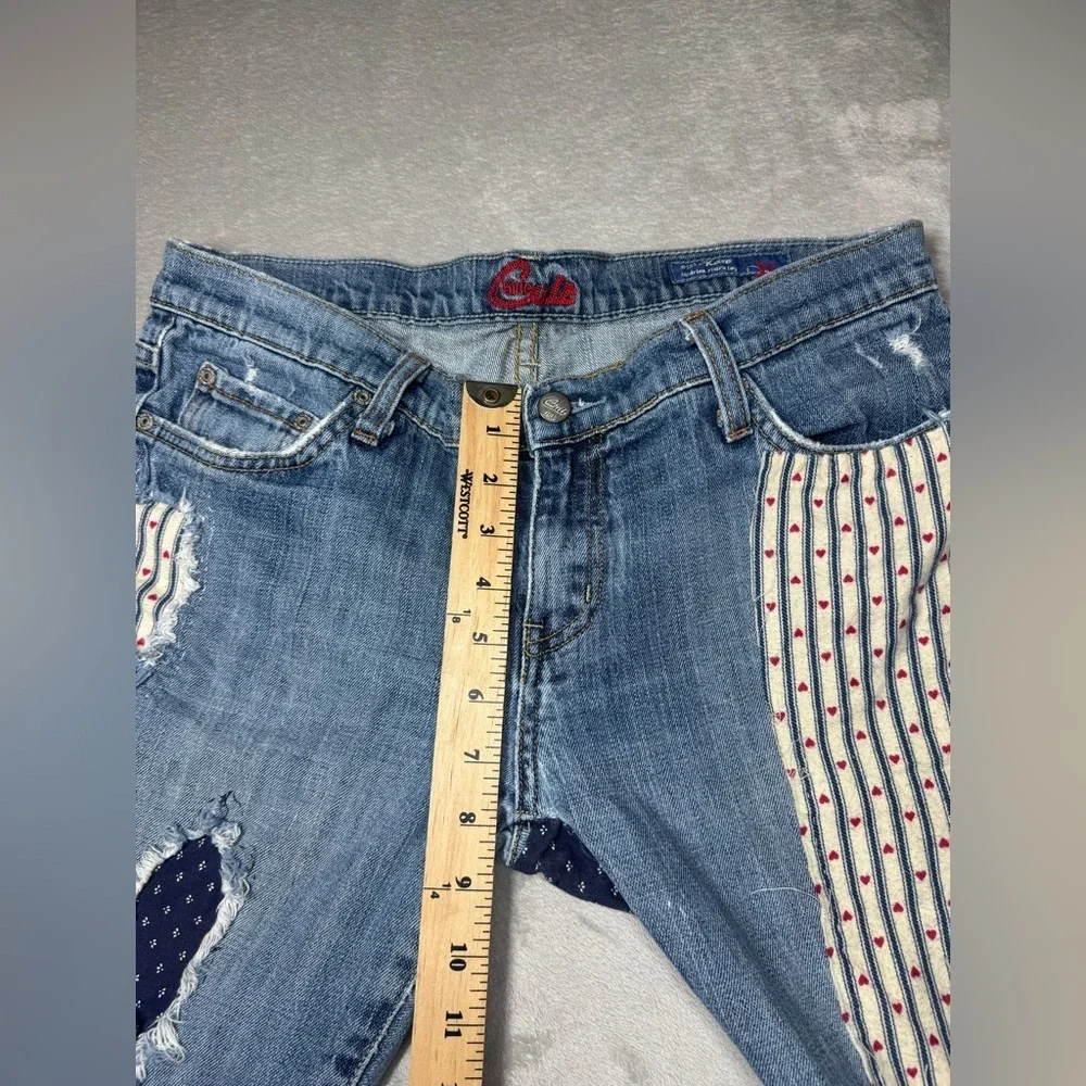 Y2K Blue Cult Midrise Kate Flare Patchwork Denim Distressed Blue Jeans Size 31